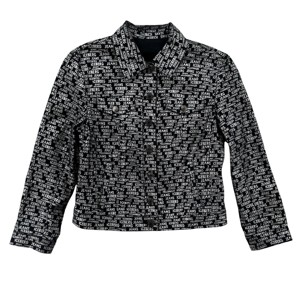 Iceberg Jeans Jacket Womens 42 Black White All Over Logo Print Button Up‎ Italy